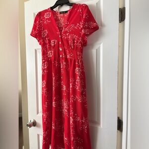 Red Floral Button-Down Midi Dres